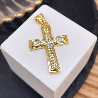 Подвеска крест цирконы, цвет золото 28 мм