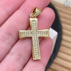 Подвеска крест цирконы, цвет золото 28 мм