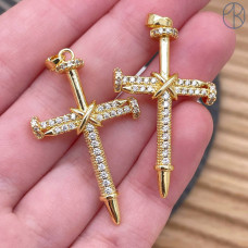 Подвеска крест цирконы, цвет золото 36 мм