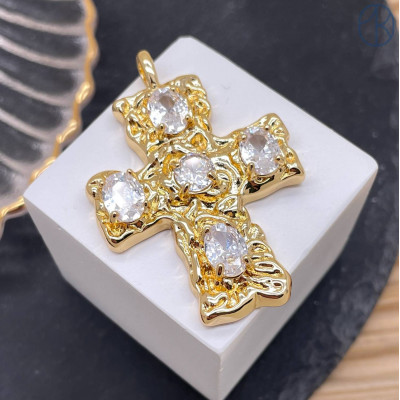 Подвеска крест цирконы, цвет золото 40 мм 