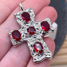 Подвеска крест красные цирконы, цвет серебро 40 мм 