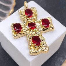 Подвеска крест красные цирконы, цвет золото 40 мм 