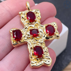 Подвеска крест красные цирконы, цвет золото 40 мм 