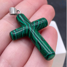 Подвеска крест малахит (имитация), цвет серебро 40х28 мм