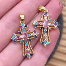 Подвеска крест микс цирконы, цвет золото 25 мм