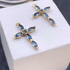 Подвеска крест мини голубые цирконы, цвет золото 8х14 мм