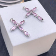 Подвеска крест мини розовые цирконы, цвет серебро 8х14 мм