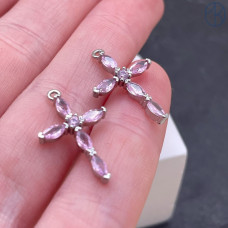 Подвеска крест мини розовые цирконы, цвет серебро 8х14 мм