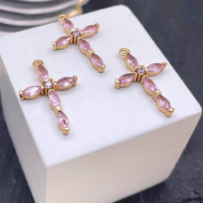 Подвеска крест мини розовые цирконы, цвет золото 8х14 мм