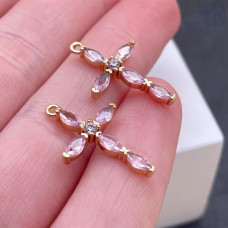 Подвеска крест мини розовые цирконы, цвет золото 8х14 мм