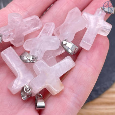 Подвеска крест Розовый кварц, цвет серебро 26х18 мм