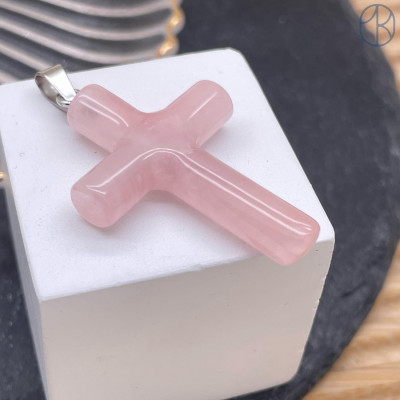 Подвеска крест розовый кварц, цвет серебро 40х28 мм