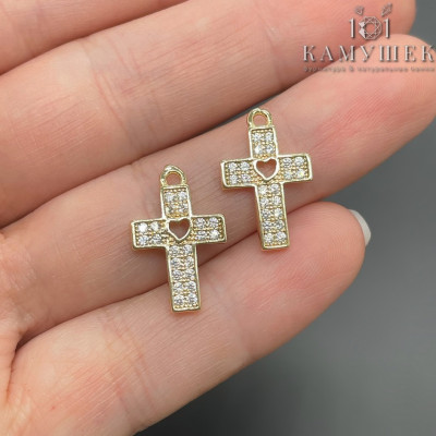 Подвеска Крест сердце c цирконами, цвет золото 17х11 мм