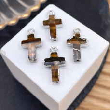 Подвеска крест тигровый глаз, цвет серебро 14х10 мм