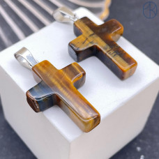 Подвеска крест Тигровый глаз, цвет серебро 26х18 мм