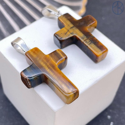 Подвеска крест Тигровый глаз, цвет серебро 26х18 мм