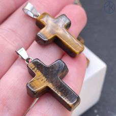Подвеска крест Тигровый глаз, цвет серебро 26х18 мм