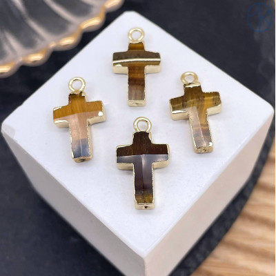 Подвеска крест тигровый глаз, цвет золото 14х10 мм