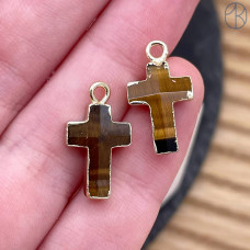 Подвеска крест тигровый глаз, цвет золото 14х10 мм
