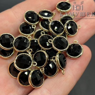 Подвеска круг агат черный, цвет золото 10 мм