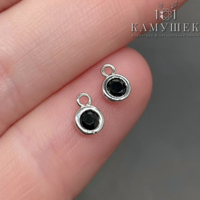 Подвеска круг черный циркон мини, цвет серебро 4 мм