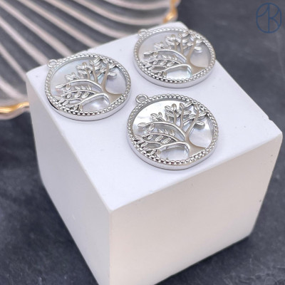 Подвеска круг Дерево с перламутром цвет серебро 18мм