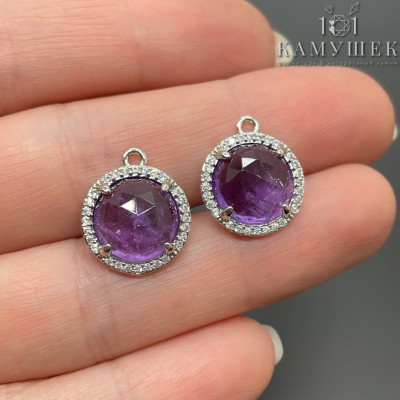 Подвеска круг огранка цирконы аметист, цвет серебро 13 мм