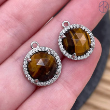 Подвеска круг огранка цирконы тигровый глаз, цвет серебро 13 мм