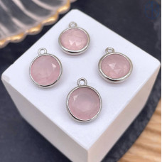 Подвеска круг розовый кварц, цвет серебро 10 мм