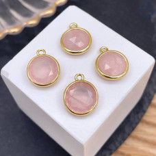 Подвеска круг розовый кварц, цвет золото 10 мм