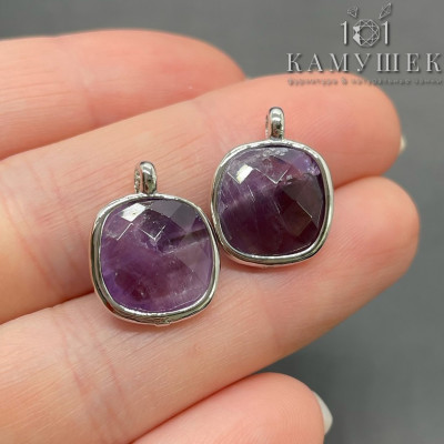 Подвеска квадрат аметист, цвет серебро 14 мм