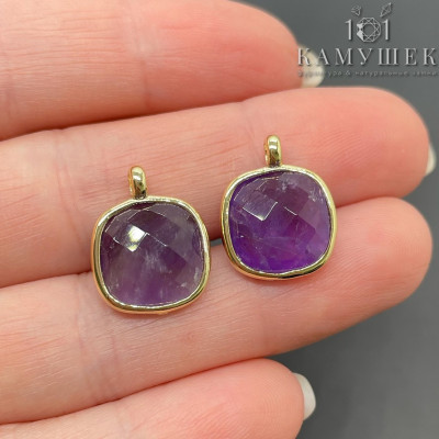 Подвеска квадрат аметист, цвет золото 14 мм