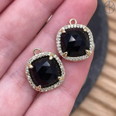 Подвеска квадрат цирконы агат черный, цвет золото 14 мм