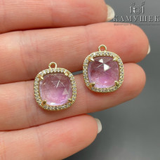 Подвеска квадрат цирконы аметист лавандовый, цвет золото 14 мм