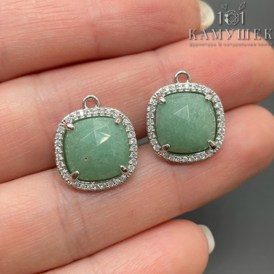 Подвеска квадрат цирконы авантюрин зеленый, цвет серебро 14 мм