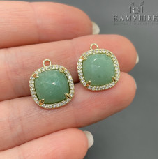 Подвеска квадрат цирконы авантюрин зеленый, цвет золото 14 мм