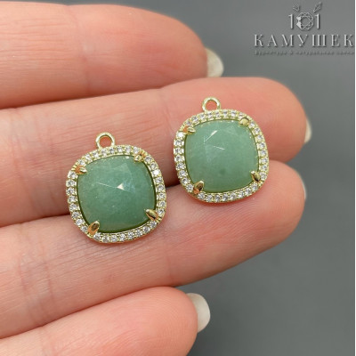 Подвеска квадрат цирконы авантюрин зеленый, цвет золото 14 мм