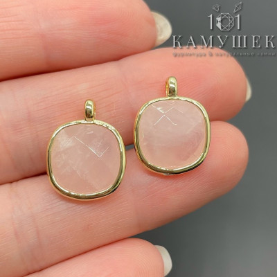 Подвеска квадрат розовый кварц, цвет золото 14 мм