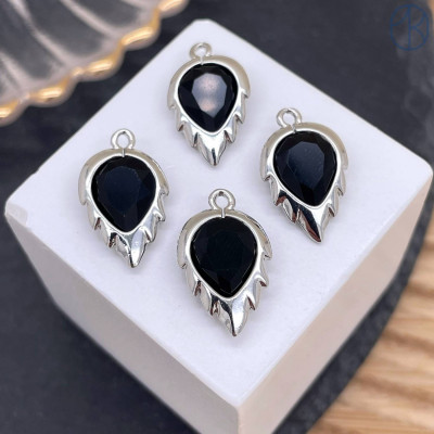 Подвеска лист огранка агат черный, цвет серебро 18 мм