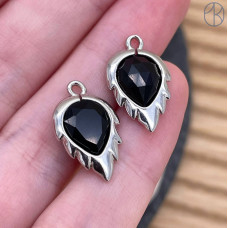 Подвеска лист огранка агат черный, цвет серебро 18 мм