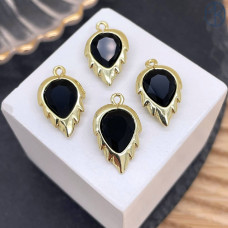 Подвеска лист огранка агат черный, цвет золото 18 мм