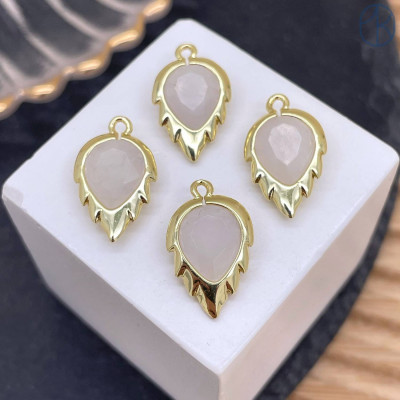 Подвеска лист огранка агат серый, цвет золото 18 мм