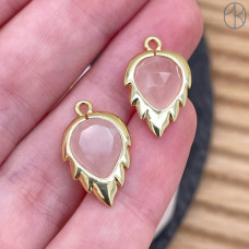 Подвеска лист огранка розовый кварц, цвет золото 18 мм