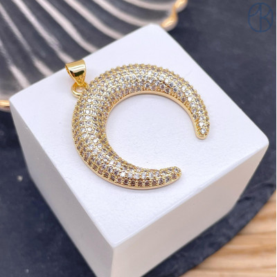 Подвеска лунница цирконы, цвет золото 28 мм 