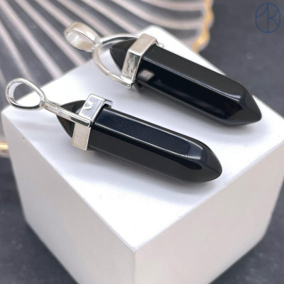 Подвеска маятник Агат черный, цвет серебро 42х9 мм