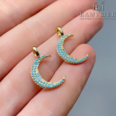 Подвеска полумесяц голубые цирконы, цвет золото 22х13 мм