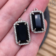 Подвеска прямоугольник цирконы агат черный, цвет серебро 18х12 мм