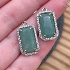 Подвеска прямоугольник цирконы авантюрин зеленый, цвет серебро 18х12 мм