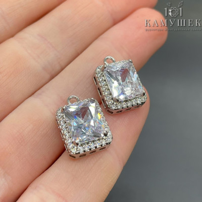 Подвеска прямоугольник цирконы, цвет серебро 11х16 мм 