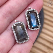 Подвеска прямоугольник цирконы лабрадор, цвет серебро 18х12 мм
